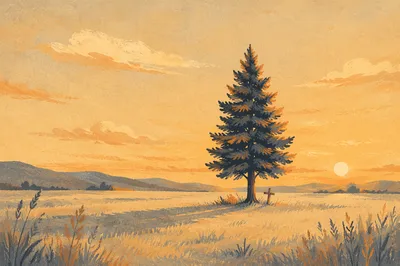 Evergreen Tree at Golden Hour with Cross