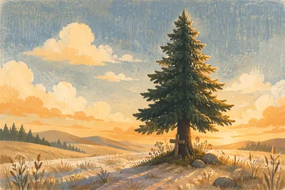 Lone Evergreen Tree at Golden Hour