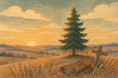 Evergreen Tree at Golden Hour Prayer Field