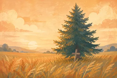 Solitary Evergreen Tree in Golden Field
