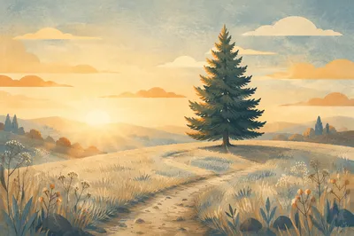 Lone Evergreen Tree in Golden Field