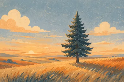 Lone Evergreen Tree in Golden Field