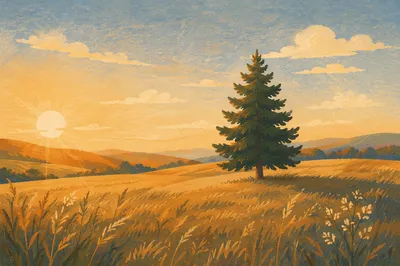 Lone Evergreen in Golden Hour Field
