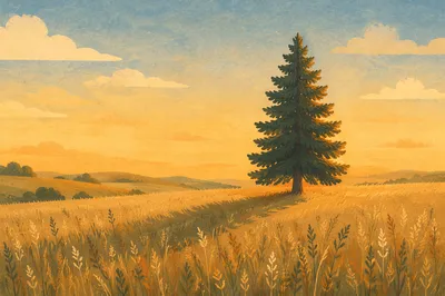 Solitary Evergreen Tree in Golden Meadow