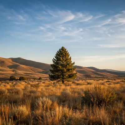 Solitary Evergreen in Golden Hour Field