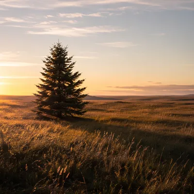 Lone Evergreen Tree in Golden Field