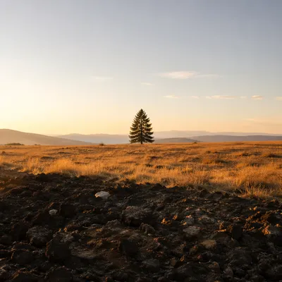Lone Evergreen Tree in Golden Field
