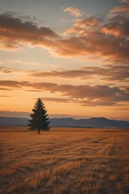 Solitary Evergreen in Golden Hour Field