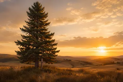 Evergreen Tree and Cross at Golden Hour
