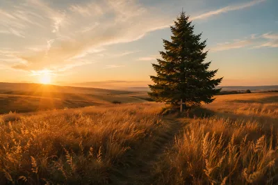 Lone Evergreen Tree at Golden Hour