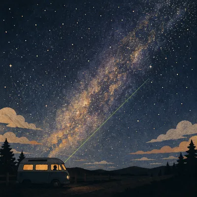 Milky Way Camper Under Emerald Night Beam