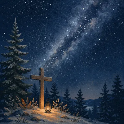 Wooden Cross Beneath Milky Way Pines