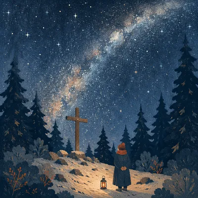 Wooden Cross Beneath Milky Way Pines