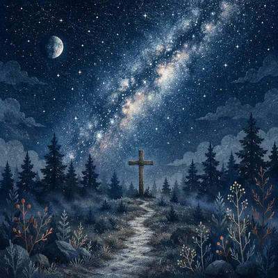 Milky Way Cross in Evergreen Forest