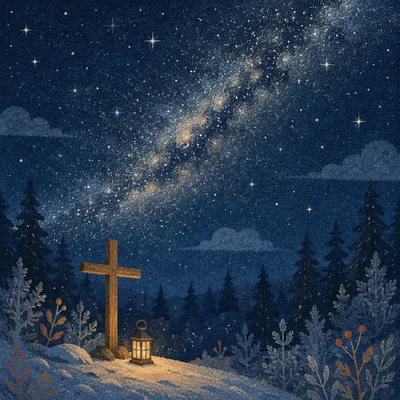 Wooden Cross Beneath Milky Way Evergreens