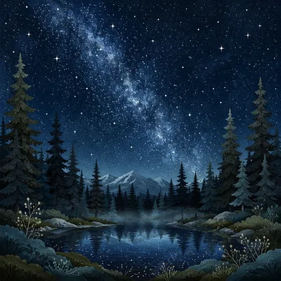 Milky Way Over Evergreen Forest Pond