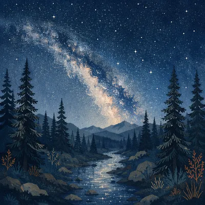 Milky Way Over Evergreen Forest Night