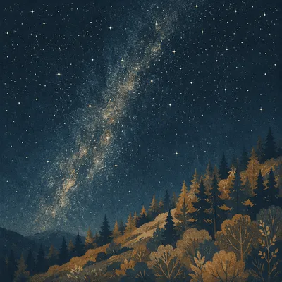 Starry Milky Way Over Evergreen Hillside