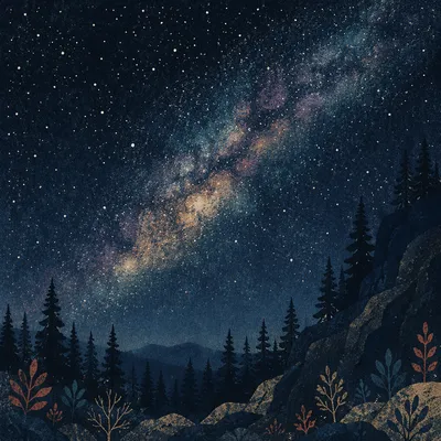 Milky Way Over Evergreen Forest Night