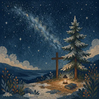 Evergreen Cross Beneath Milky Way Stars