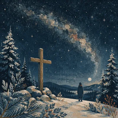 Wooden Cross Beneath Milky Way Pines