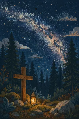 Wooden Cross Beneath Milky Way Pines