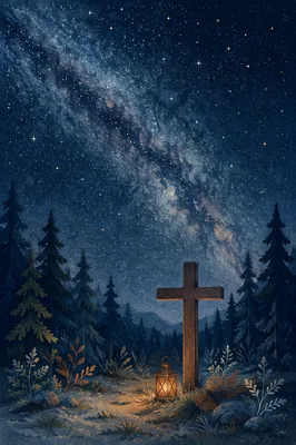 Wooden Cross Beneath Milky Way Pines