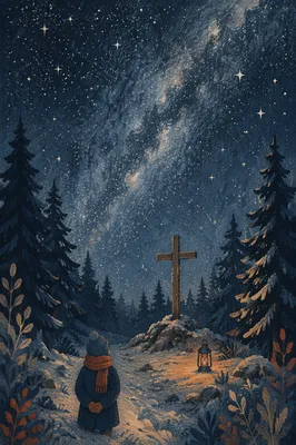 Wooden Cross Beneath Milky Way Pines
