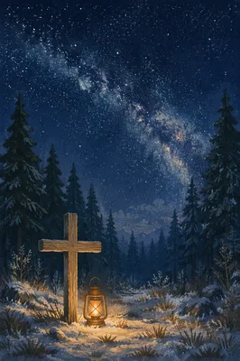 Wooden Cross Beneath Milky Way Evergreens