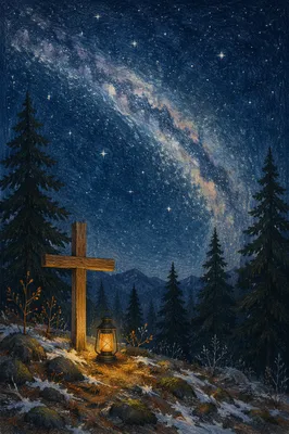 Milky Way Cross in Evergreen Forest