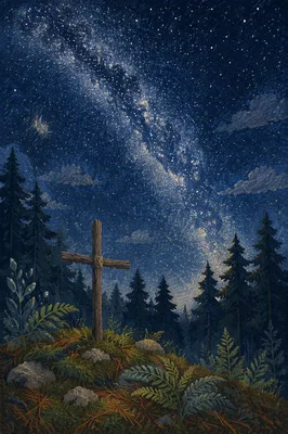 Milky Way Cross in Evergreen Forest