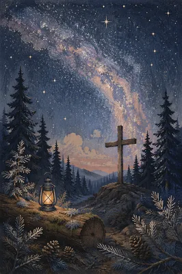 Wooden Cross Beneath Milky Way Evergreens