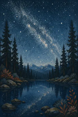 Milky Way Over Evergreen Alpine Lake