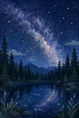 Milky Way Over Evergreen Forest Pond