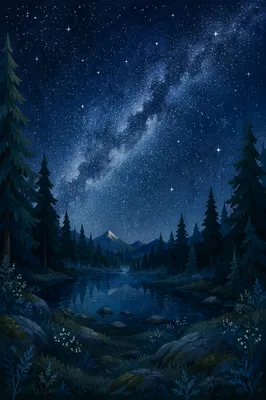 Milky Way Over Evergreen Forest Pond