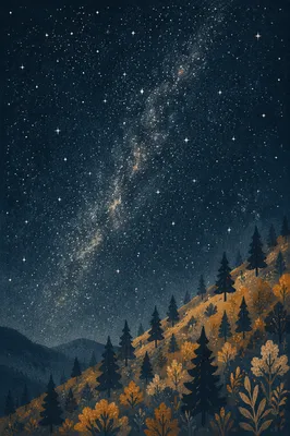 Starry Milky Way Over Evergreen Hillside