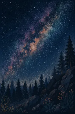 Milky Way Over Evergreen Forest Night