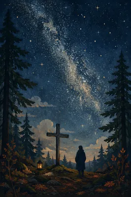 Milky Way Prayer Cross in Evergreen Forest