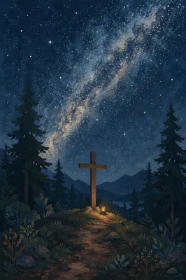 Wooden Cross Beneath Milky Way Pines
