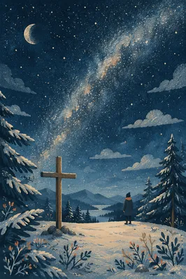 Wooden Cross Under Milky Way Pines