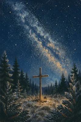 Milky Way Over Evergreen Forest Cross
