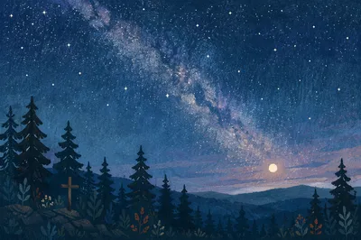 Milky Way Over Evergreen Forest Cross