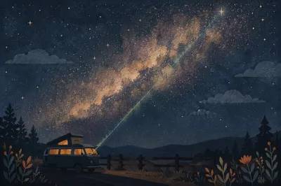 Milky Way Camper Under Emerald Night Beam
