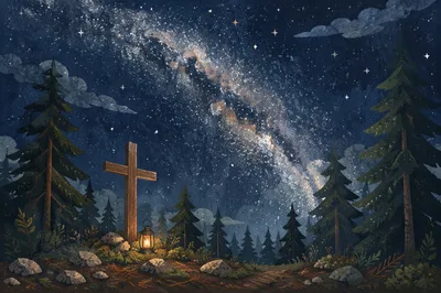 Milky Way Cross in Evergreen Forest