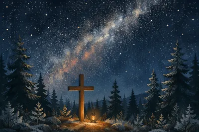 Wooden Cross Under Milky Way Pines