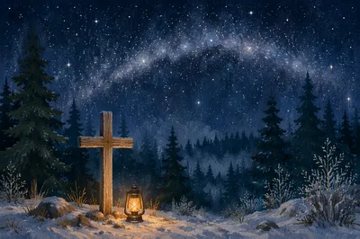 Wooden Cross Under Milky Way Pines