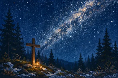 Milky Way Cross in Evergreen Forest