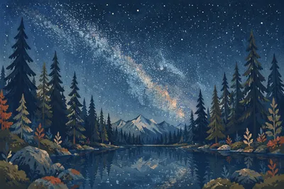 Milky Way Over Evergreen Forest Lake