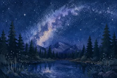 Milky Way Over Evergreen Forest Pond
