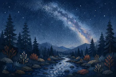 Milky Way Over Evergreen Forest Night